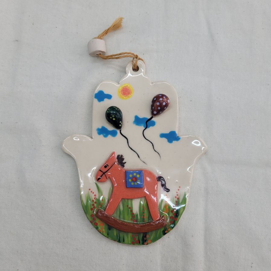 Ceramic Hamsa red horse Wall Hanging handmade by Raheli with red horse .Hamsa is considered in this era as an amulet to protect from the evil eye.