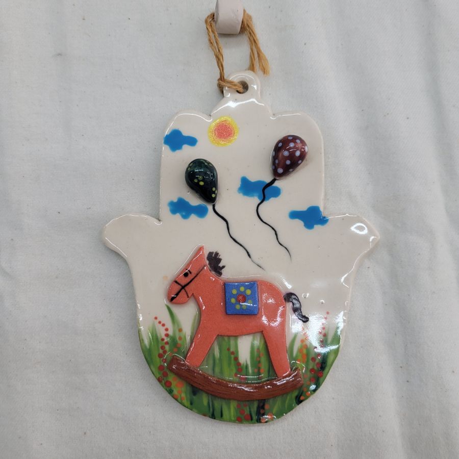 Ceramic Hamsa red horse Wall Hanging handmade by Raheli with red horse .Hamsa is considered in this era as an amulet to protect from the evil eye.
