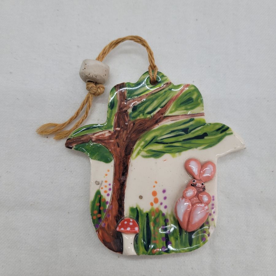 Ceramic Hamsa pink bunny glazed wall hanging handmade by Raheli with blue horse. Hamsa is considered in this era as an amulet to protect from the evil eye.