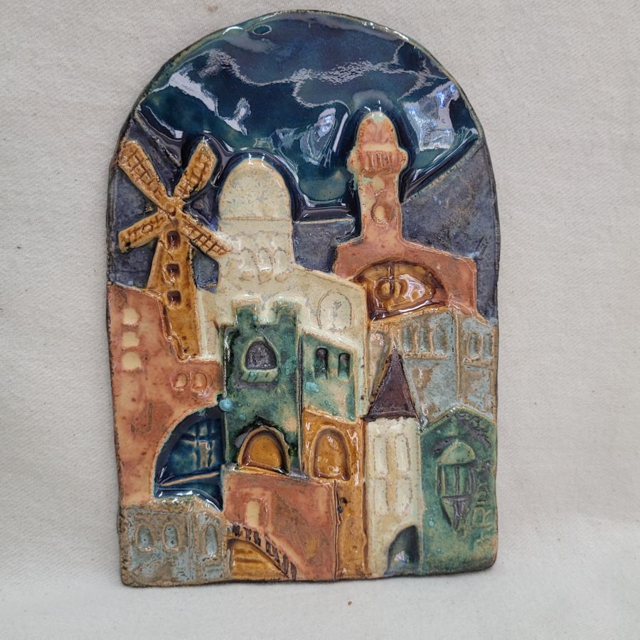 Handmade glazed ceramic tile Montefiore windmill with many more typical Jerusalem houses design. Dimension 11 cm X 15.5 cm approximately.
