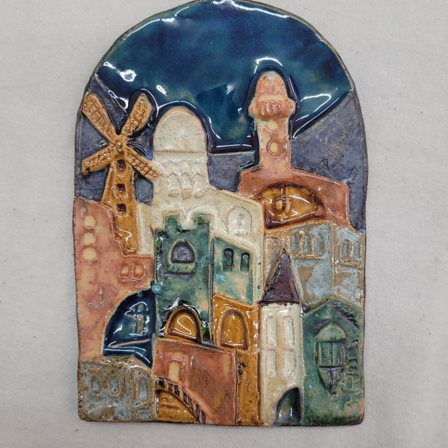 Handmade glazed ceramic tile Montefiore windmill with many more typical Jerusalem houses design. Dimension 11 cm X 15.5 cm approximately.