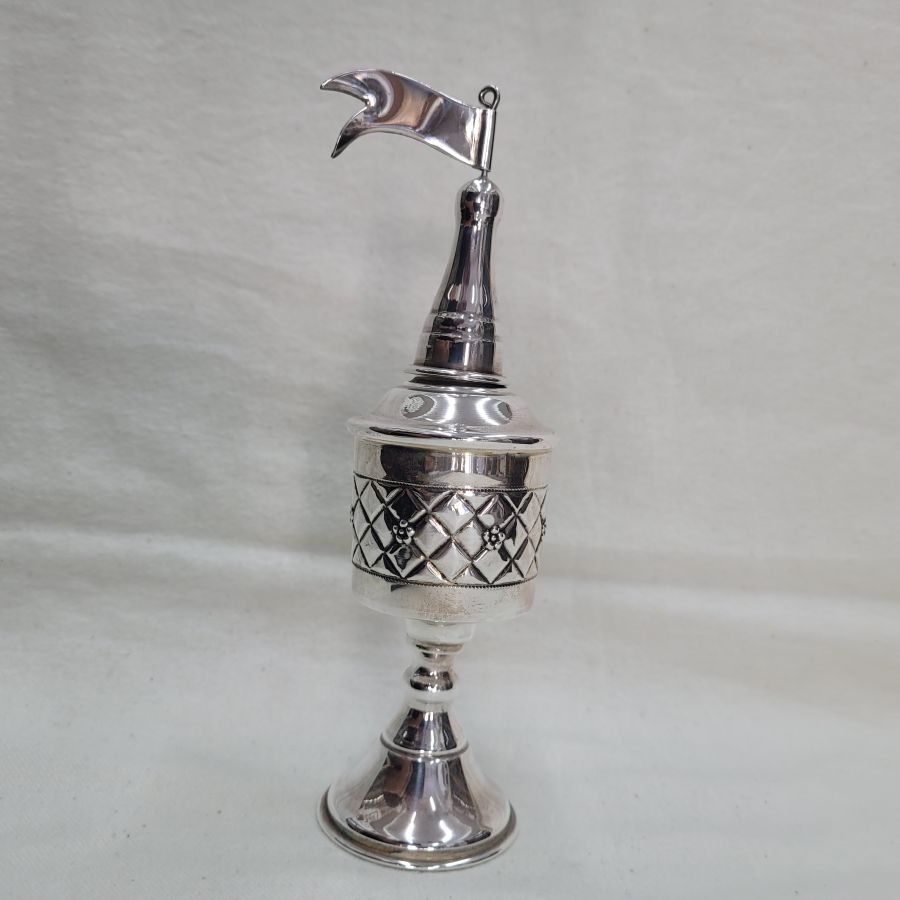 Handmade Havdalah box engraved rhombus Bessamim box tower with silver pressed rhombus designs around box. Dimension diameter 4.4 cm X 18 cm approximately.