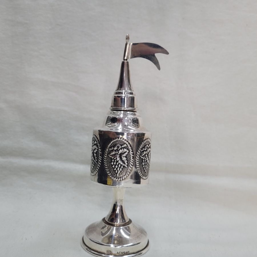 Handmade sterling silver Havdalah spice grape leaf Bessamim box tower with silver pressed grapes design around, diameter 5 cm X 17.7 cm approximately.
