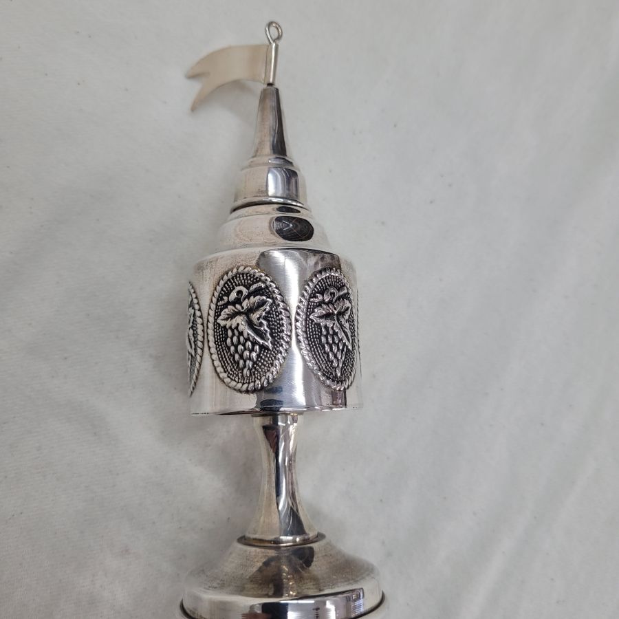 Handmade sterling silver Havdalah spice grape leaf Bessamim box tower with silver pressed grapes design around, diameter 5 cm X 17.7 cm approximately.