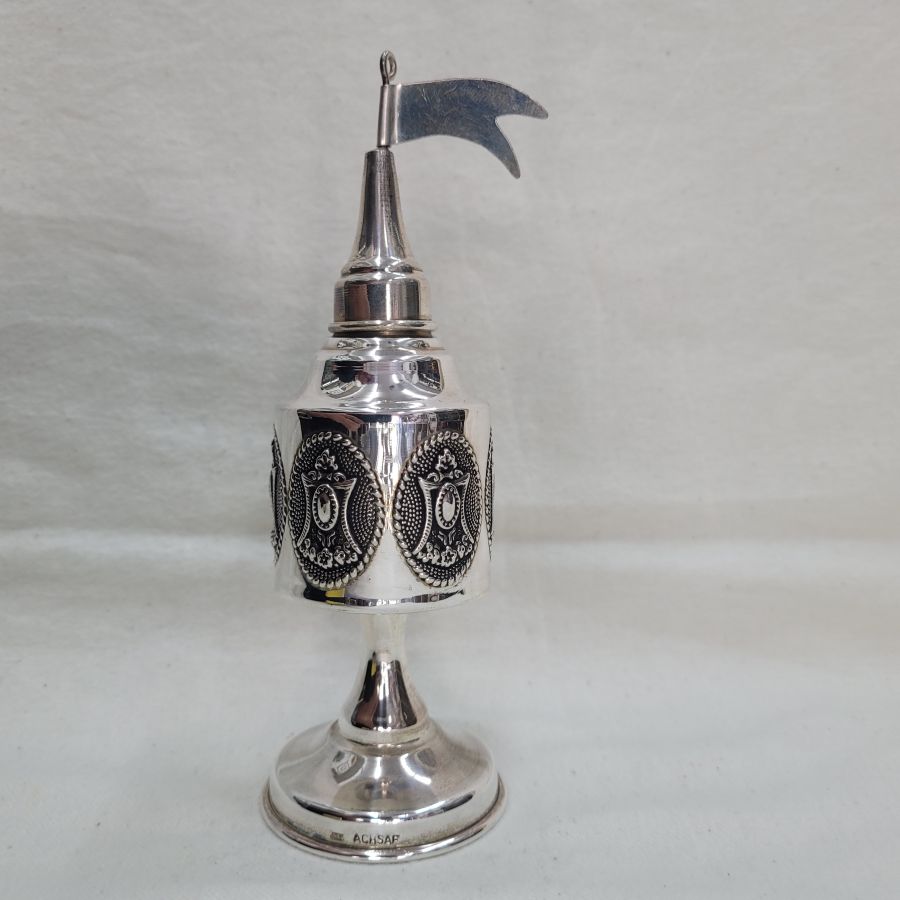 Handmade Havdalah Bessamim pressed design Havdalah box tower with sterling silver pressed designs around box, diameter 5 cm X 16.5 cm approximately.