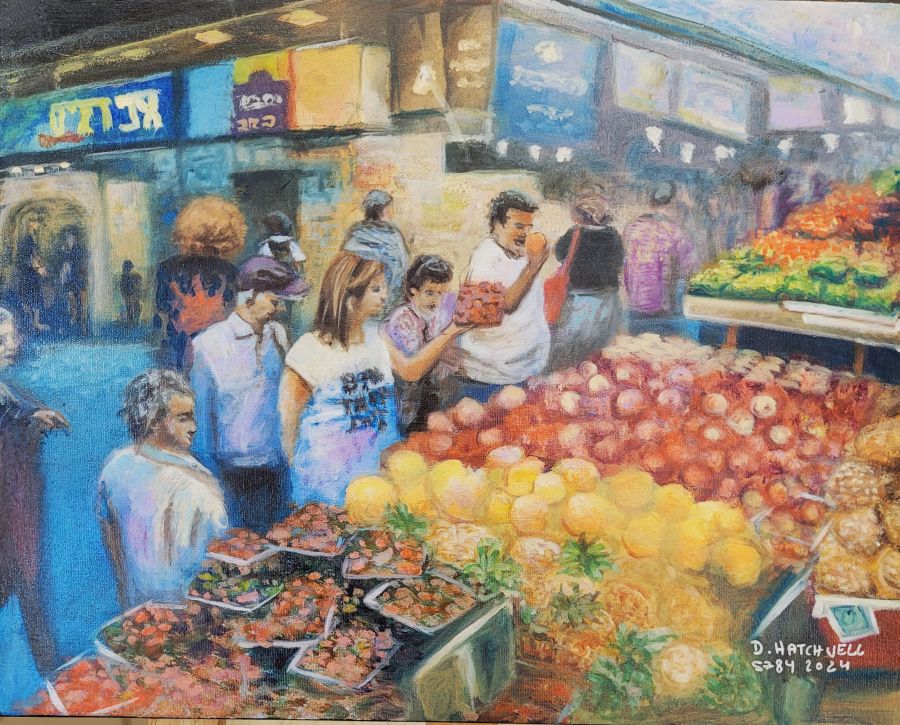 Fine art oil on canvas Jerusalem Mahaney Yehuda market painting on canvas by D. Hatchwel, where she describes the authenticity of the market motions.