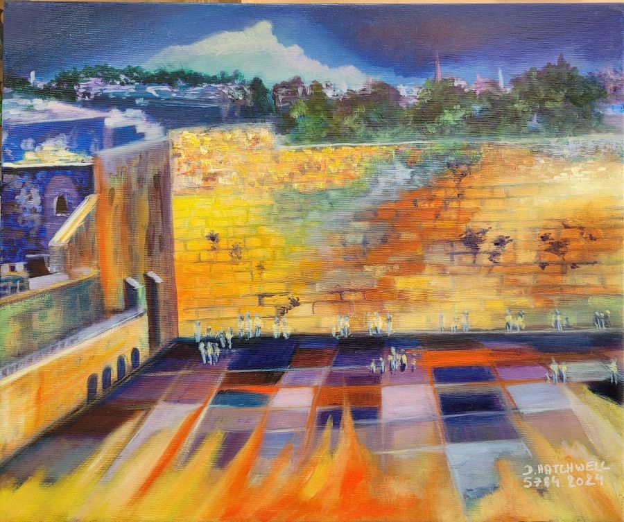 Fine art oil on canvas Kotel western wall painting at sunset on canvas by D. Hatchwel, where she describes the wall with its spiritual splendor skillfully.