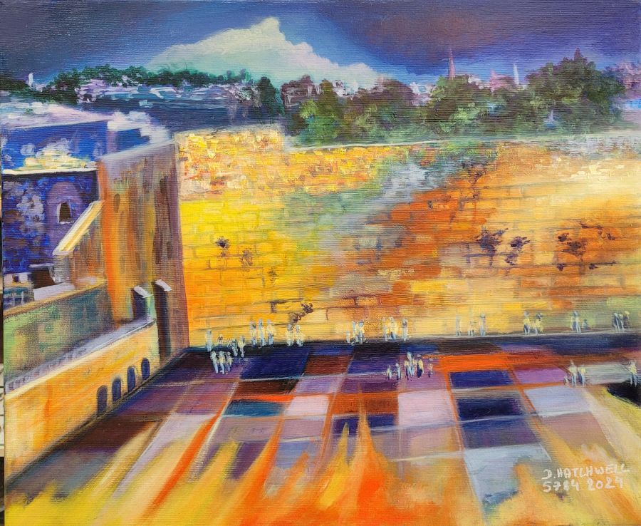 Fine art oil on canvas Kotel western wall painting at sunset on canvas by D. Hatchwel, where she describes the wall with its spiritual splendor skillfully.