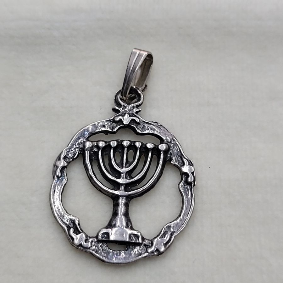 Handmade sterling silver framed Menorah pendant, can be made in gold by request. For gold request, please inquire its actual price, 2.9 cm X 1.9 cm.
