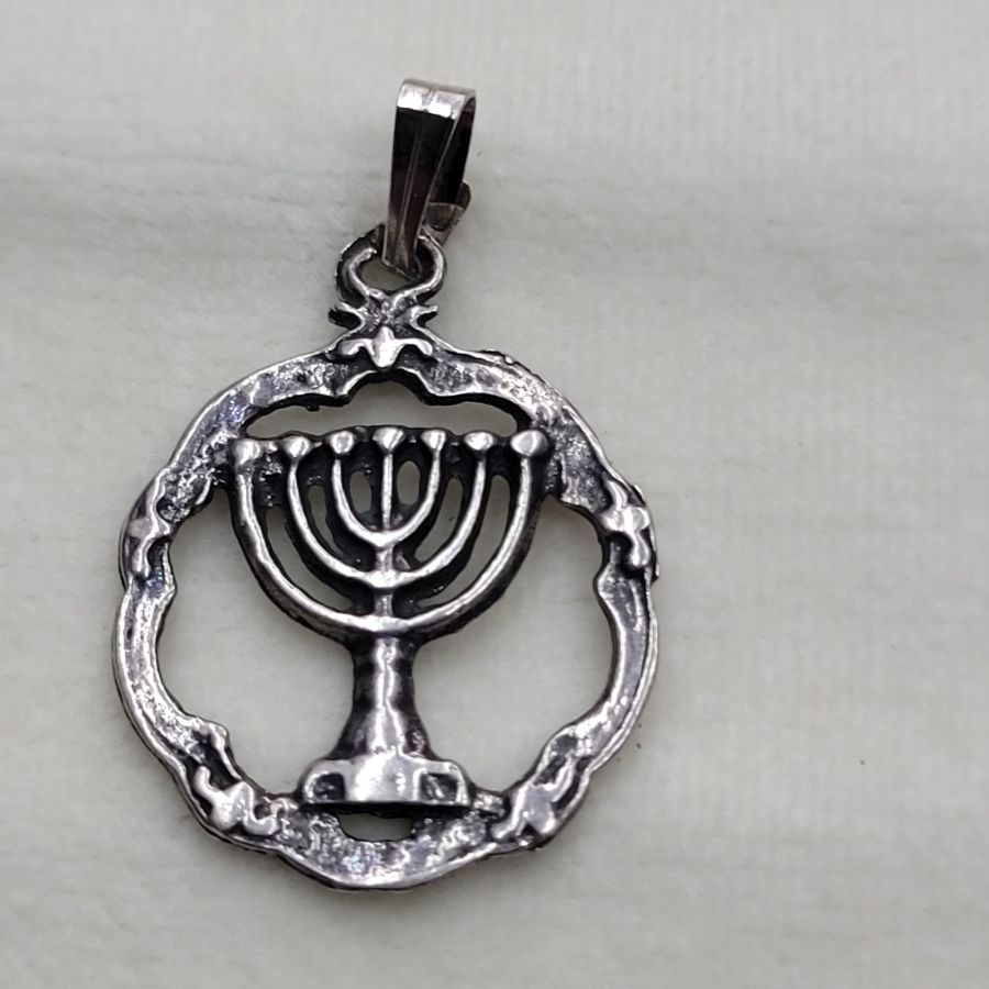 Handmade sterling silver framed Menorah pendant, can be made in gold by request. For gold request, please inquire its actual price, 2.9 cm X 1.9 cm.