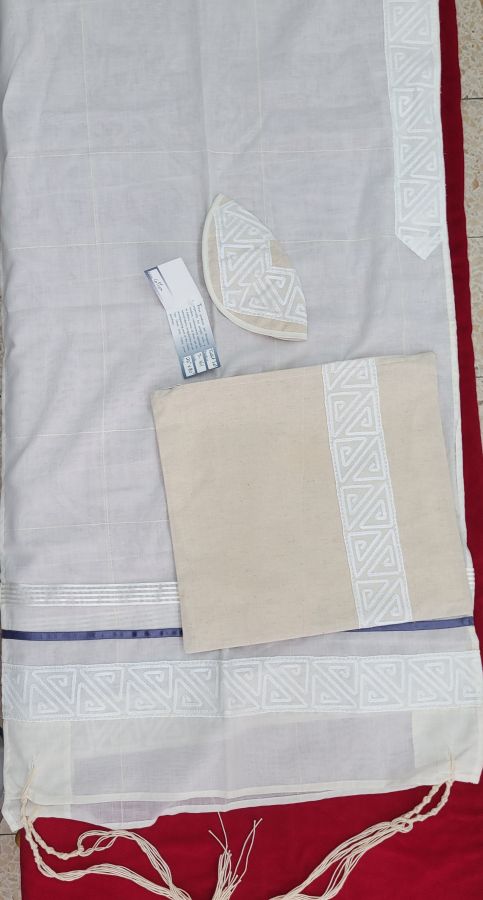 Off white cotton Tallit handmade on borders violet silk strap & collar with embroidery design ,matching design bag & Kippa.