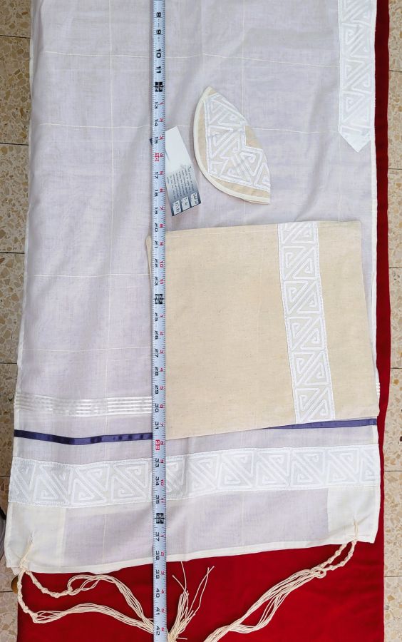 Off white cotton Tallit handmade - Image 3