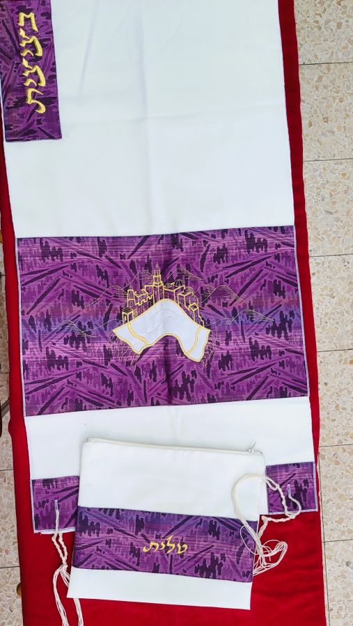Violet viscose Tallit handmade on borders violet strap with abstract hills surrounding Jerusalem in gold thread & collar with embroidery design.
