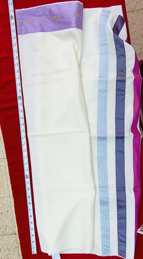 Beige wool Tallit handmade on borders purple, blue and red silk straps & collar with silk strap with full Tallit prayer bag & Kippa prayer shawl.