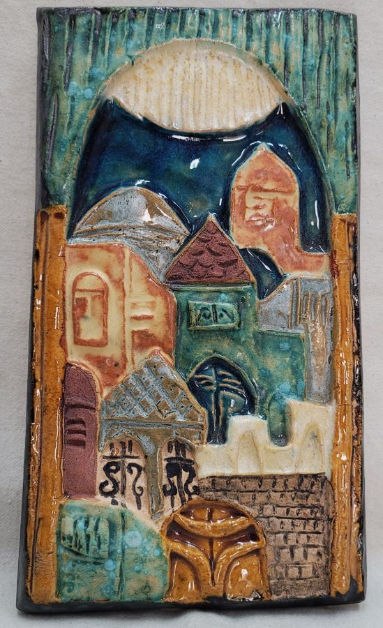 Handmade glazed ceramic rectangular Jerusalem view ceramic tile, a view of Jerusalem eternal capital city through window.
