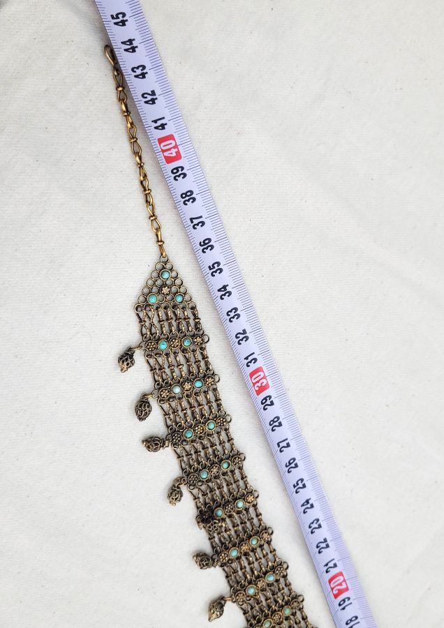 Vintage sterling silver necklace Turquoises stones gold plated handmade in Israel by Yemenite newcomers during the 1950's. It is 24 carat gold plated.