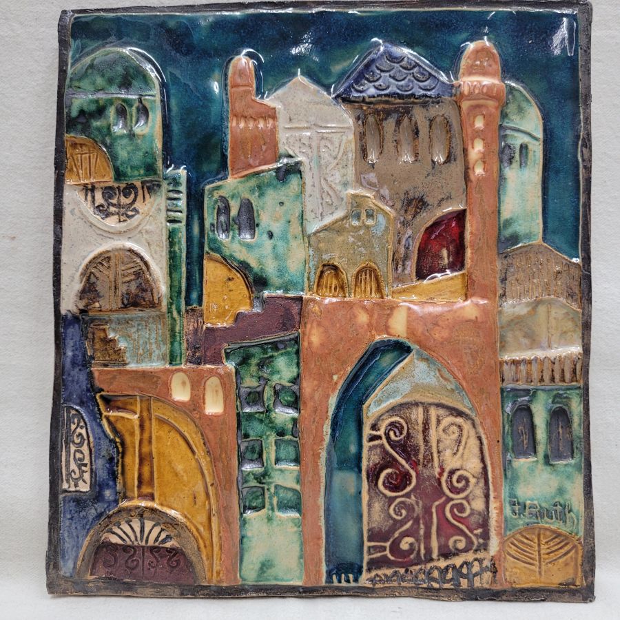 Handmade glazed ceramic Eternal Jerusalem city tile, where the golden gate will reopen for the coming of Messiah for ever.