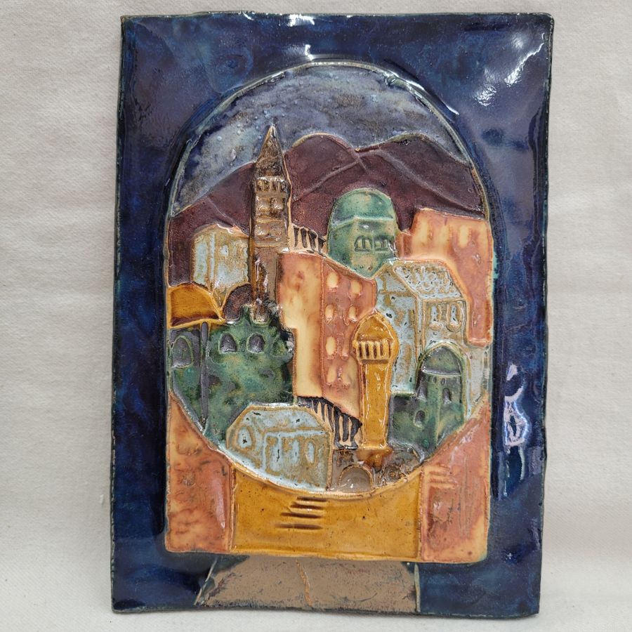 Handmade glazed ceramic Jerusalem houses rectangular tile city of Jerusalem with its different ages structures. Dimension 14.5 cm X 20 cm approximately.