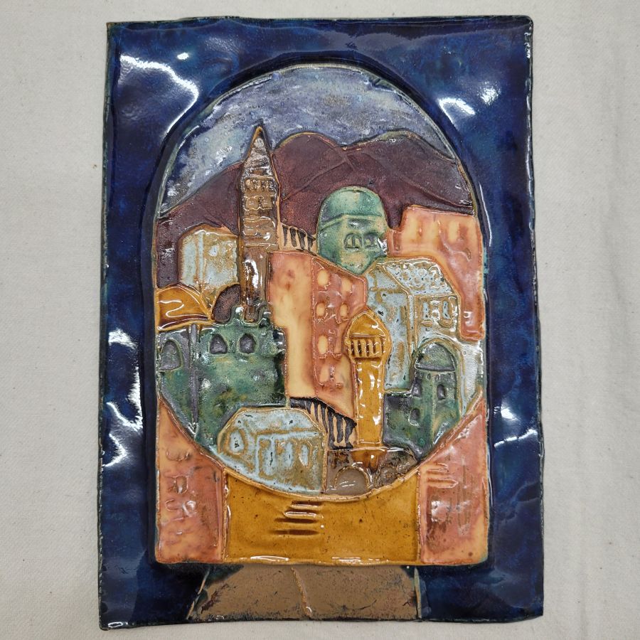 Handmade glazed ceramic Jerusalem houses rectangular tile city of Jerusalem with its different ages structures. Dimension 14.5 cm X 20 cm approximately.