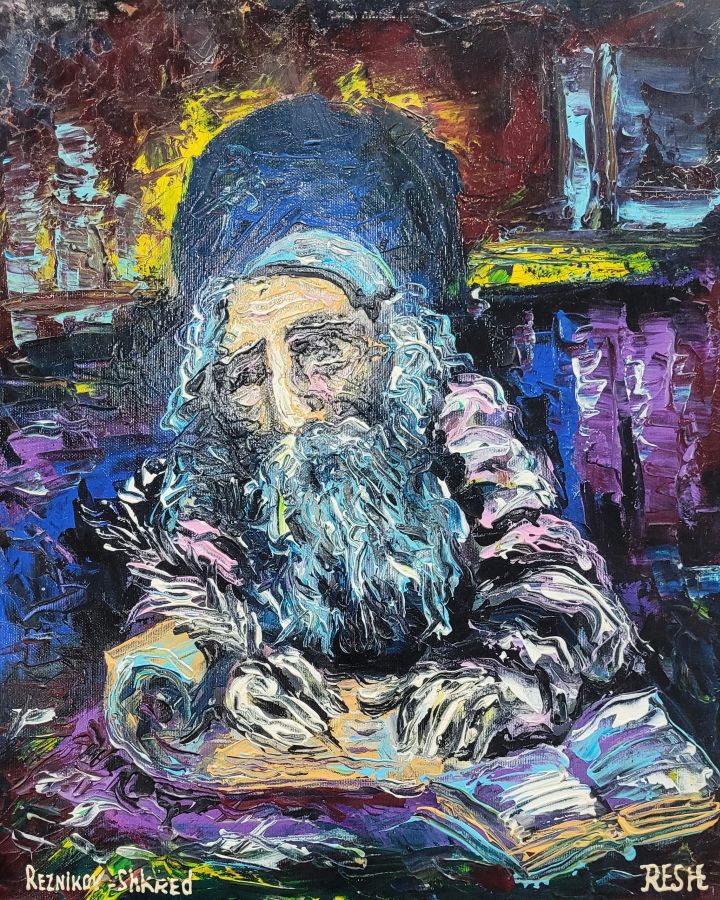 Reznikov skillfully expresses in oil painting sage Rabbi the deep learning of old sage Rabbi, and his thrill to learn more of the holly bible.