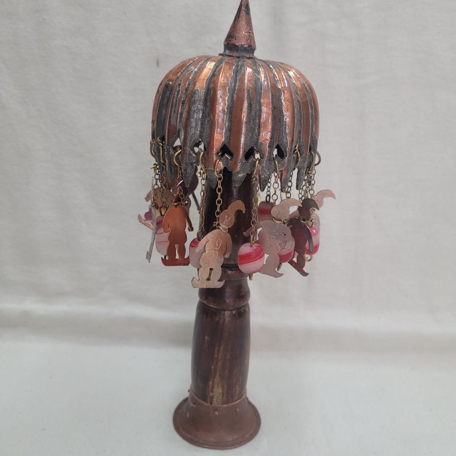 The engravings on vintage Purim copper and wood Grogger are handmade & hammered copper saying in Hebrew the names of Hamman's 10 sons hung on a high tree.