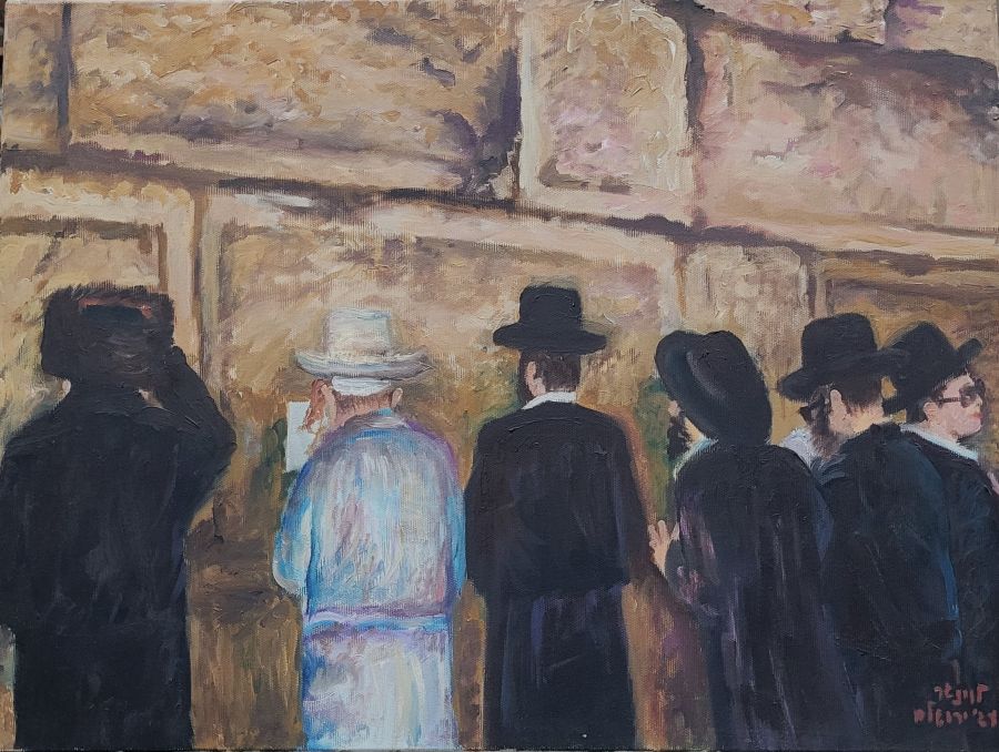 Fine art oil on canvas Kotel Abstract western wall painting on canvas by Levinger, where he describes the wall with its spiritual splendor skillfully.