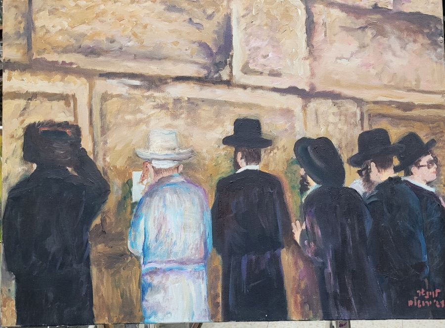 Fine art oil on canvas Kotel Abstract western wall painting on canvas by Levinger, where he describes the wall with its spiritual splendor skillfully.