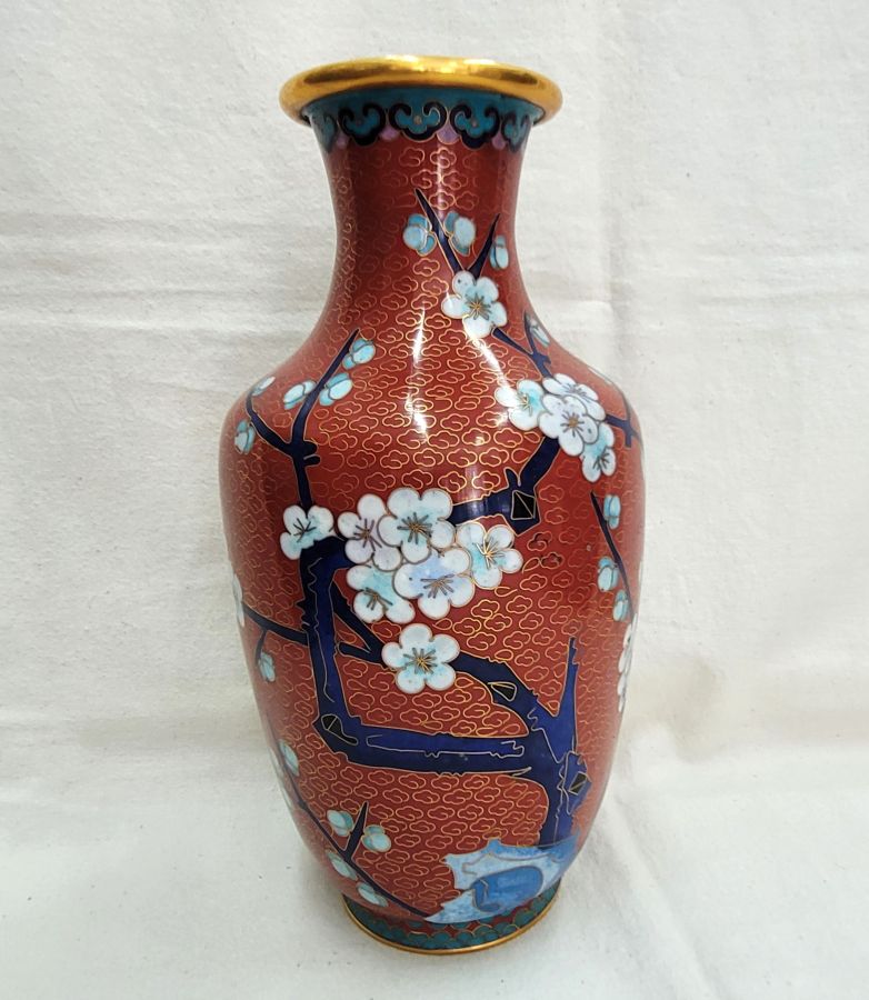 Handmade brass vintage cloisonné enamel vase brown made in China 1950's real hot kiln enameled. Dimension 25 cm X 10.5 cm approximately.