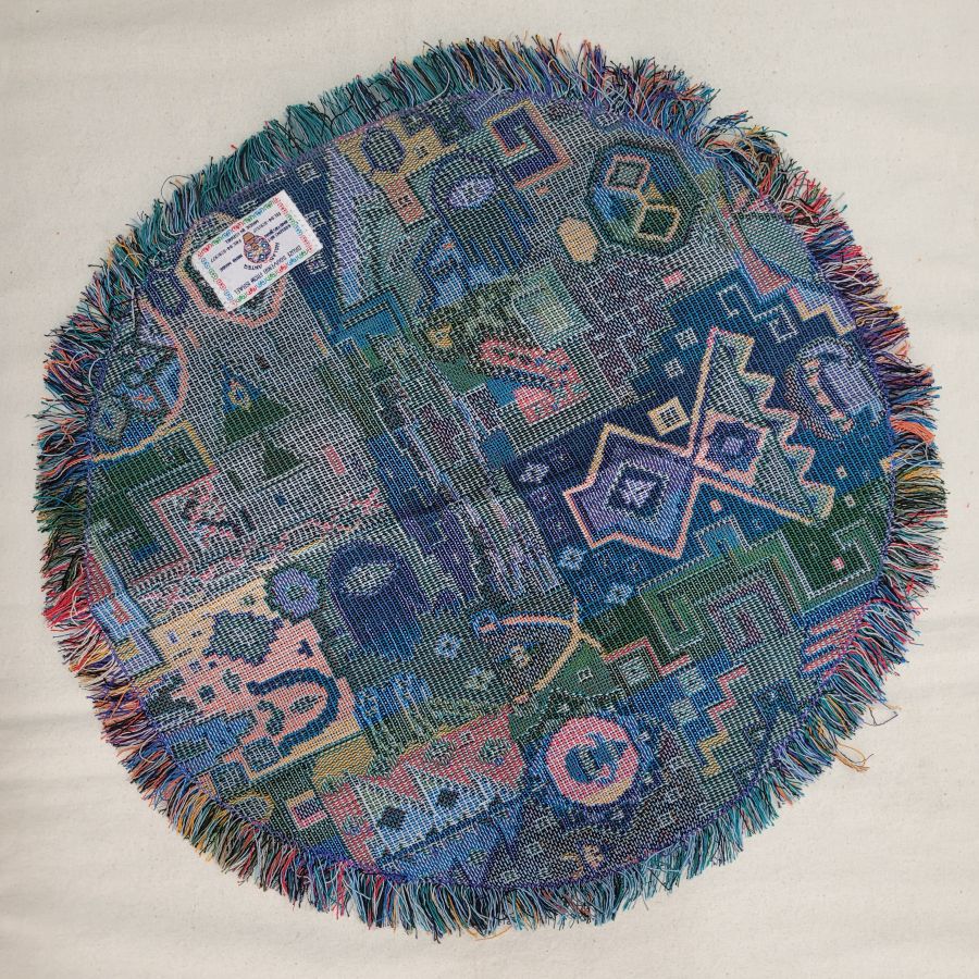 Handmade Druze round tablecloth blue, where each side is as beautiful because of the different shades of blue and purple colors.