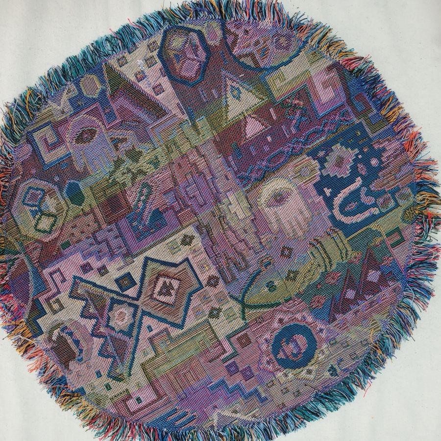 Handmade Druze round tablecloth blue, where each side is as beautiful because of the different shades of blue and purple colors.