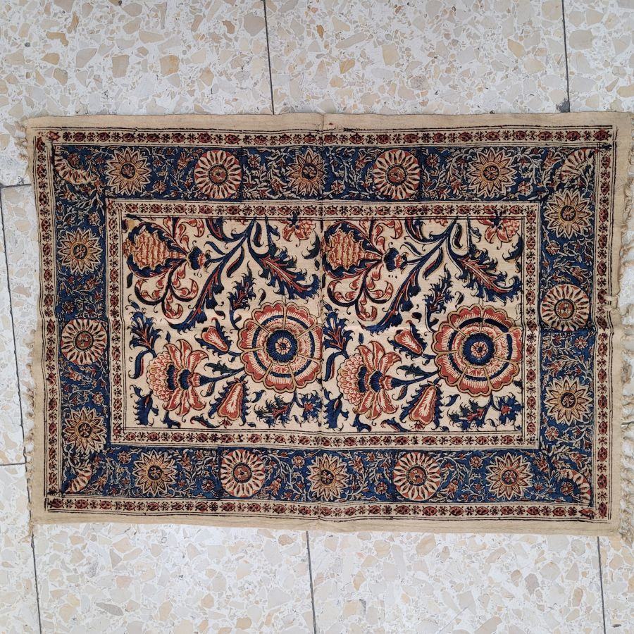 Handmade rectangle Qalamkari different flower pattern cotton tablecloth, where are beautiful designs because of the different flowers and geometrics.