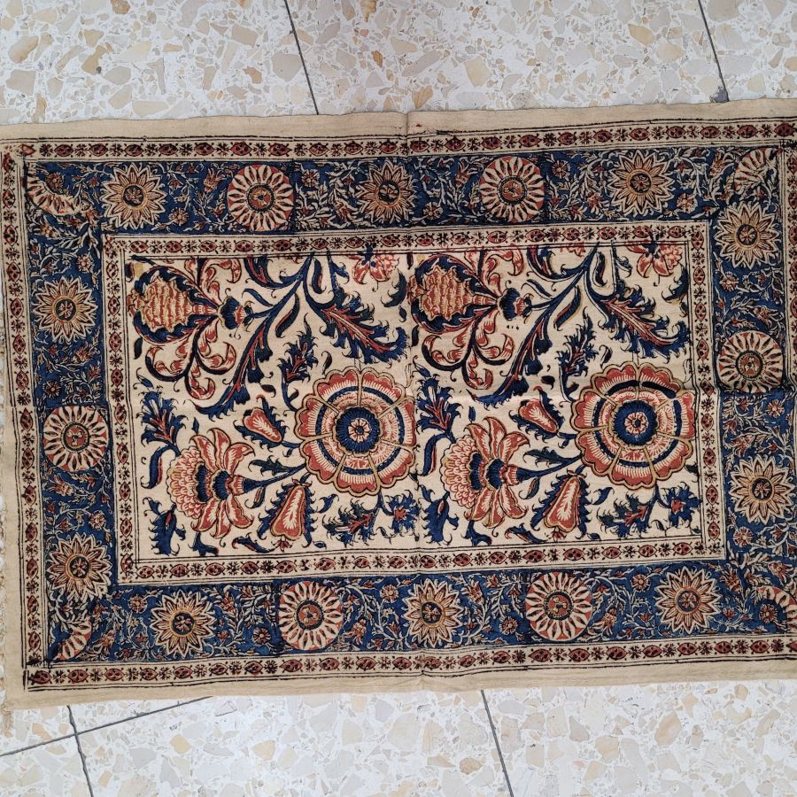 Handmade rectangle Qalamkari different flower pattern cotton tablecloth, where are beautiful designs because of the different flowers and geometrics.