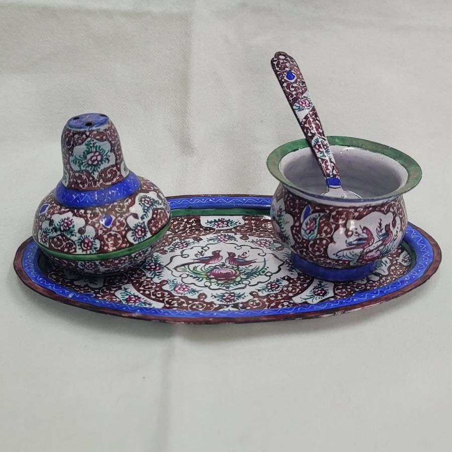 Handmade salt'n pepper enameled dish suitable for Sabbath diner ceremony made by new emigrant to Israel 1960's 3.2 cm X 10.5 cm X 6.2 cm approximately.
