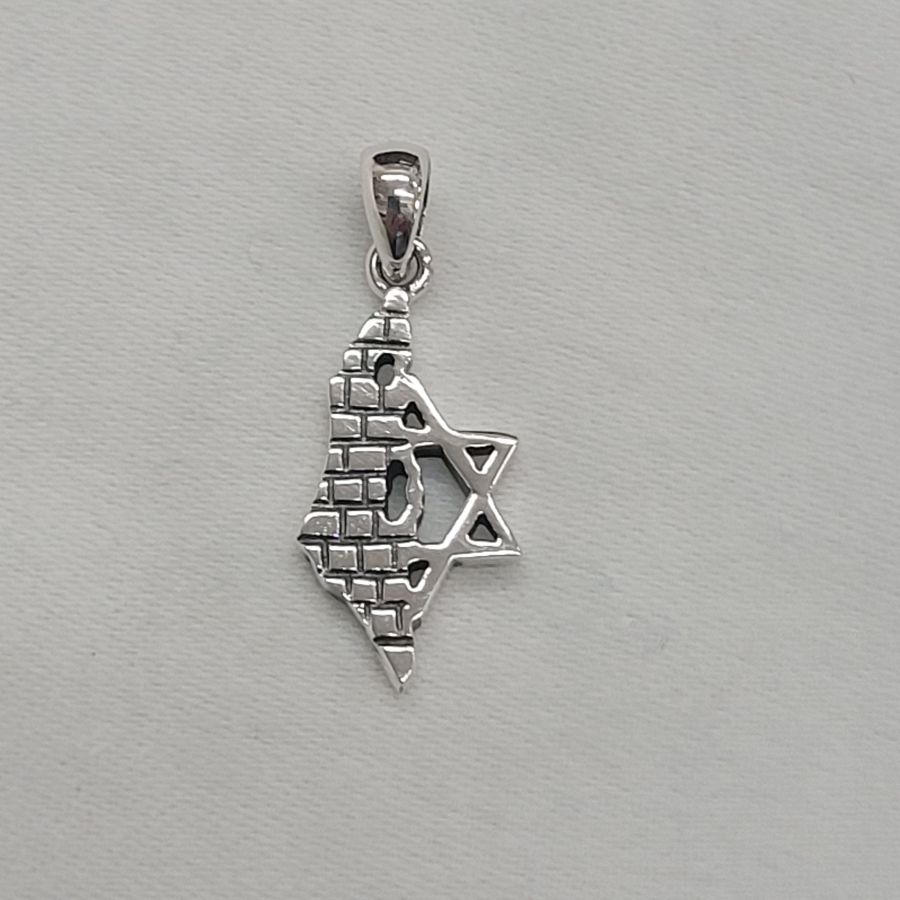 Sterling silver pendant Israel map star of David combined traditional Magen David star shape set with cut out Israel map 2.9cm X 1.2 cm X 0.2 cm.
