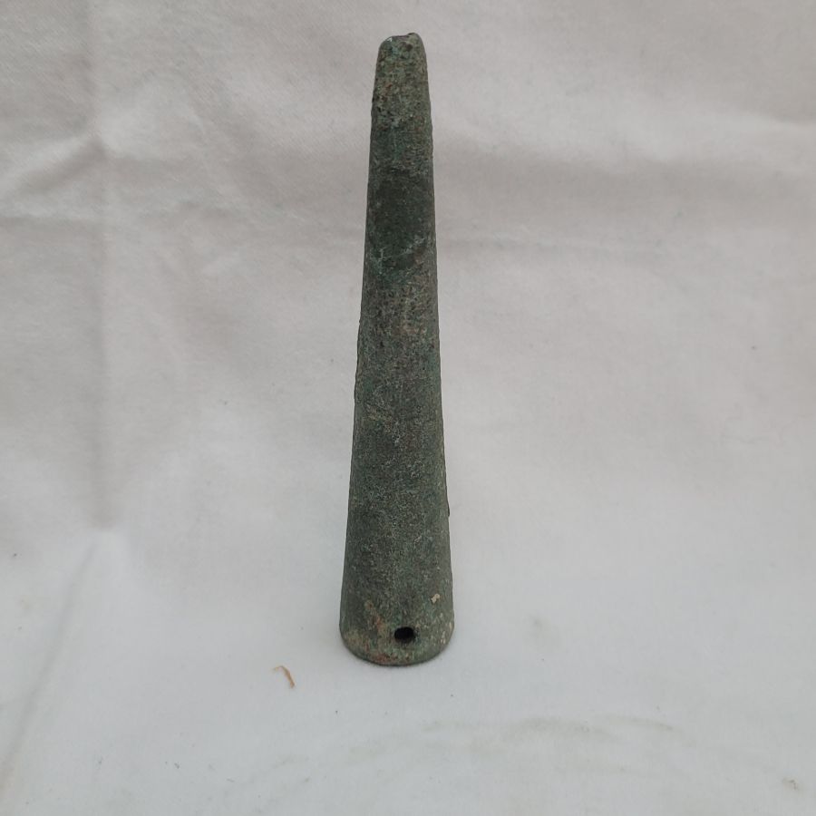Genuine antique bronze lance head, the holes on sides of conus were to fasten lance head on wood spear, found in the holy land and dated 2000 BC.