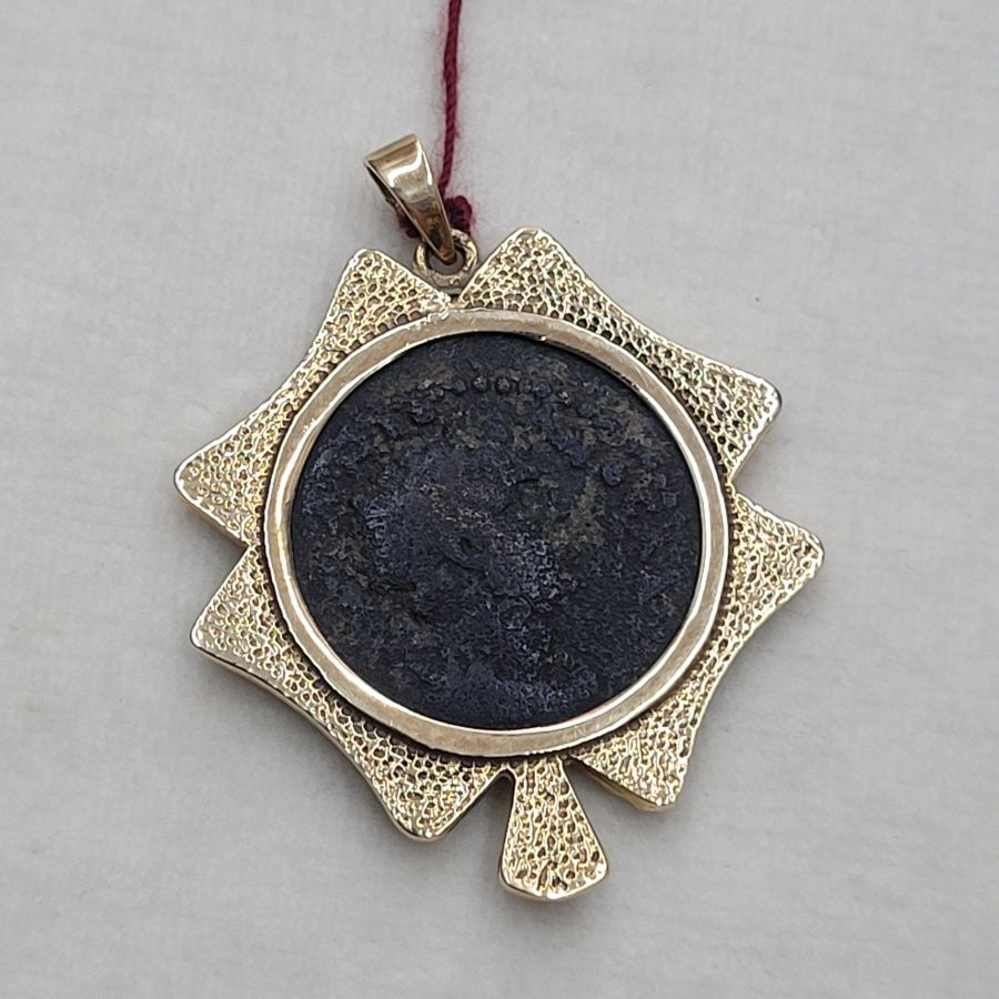 14 Carat gold antique coin gold pendant four cloves set with antique Roman bronze coin set with ancient genuine coin 5th AD.