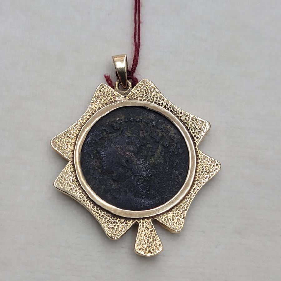 14 Carat gold antique coin gold pendant four cloves set with antique Roman bronze coin set with ancient genuine coin 5th AD.