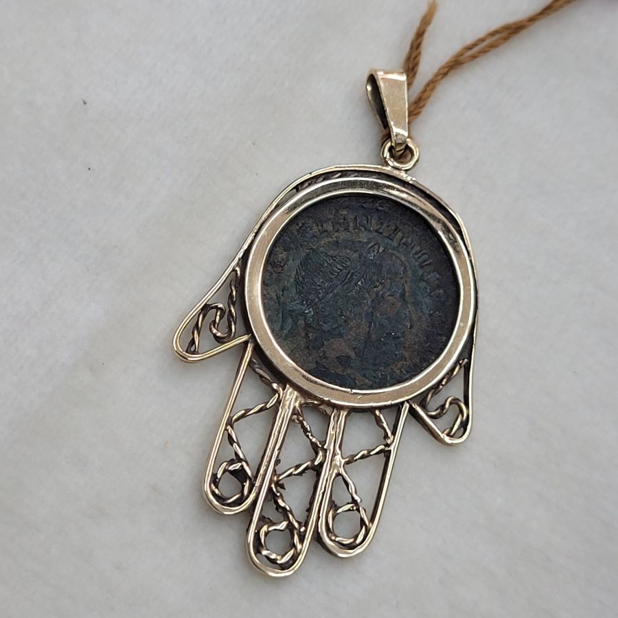 14 Carat gold antique coin Gold pendant filigree Hamsa set with antique Roman bronze coin set with ancient genuine coin 5th AD.