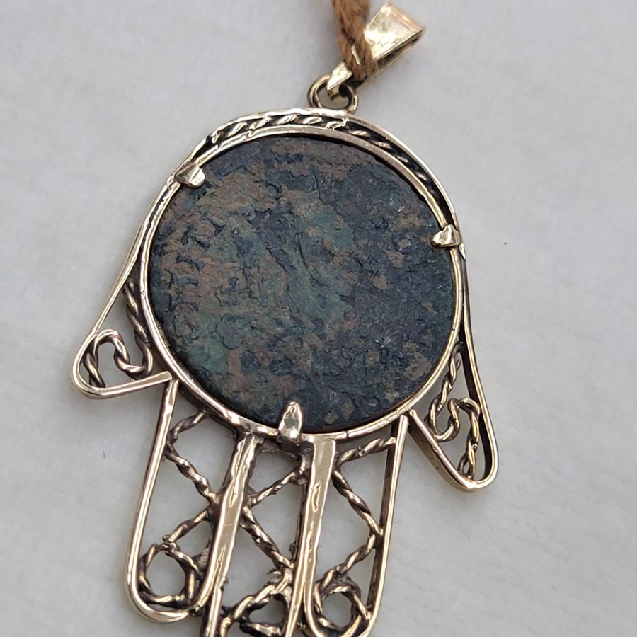 14 Carat gold antique coin Gold pendant filigree Hamsa set with antique Roman bronze coin set with ancient genuine coin 5th AD.