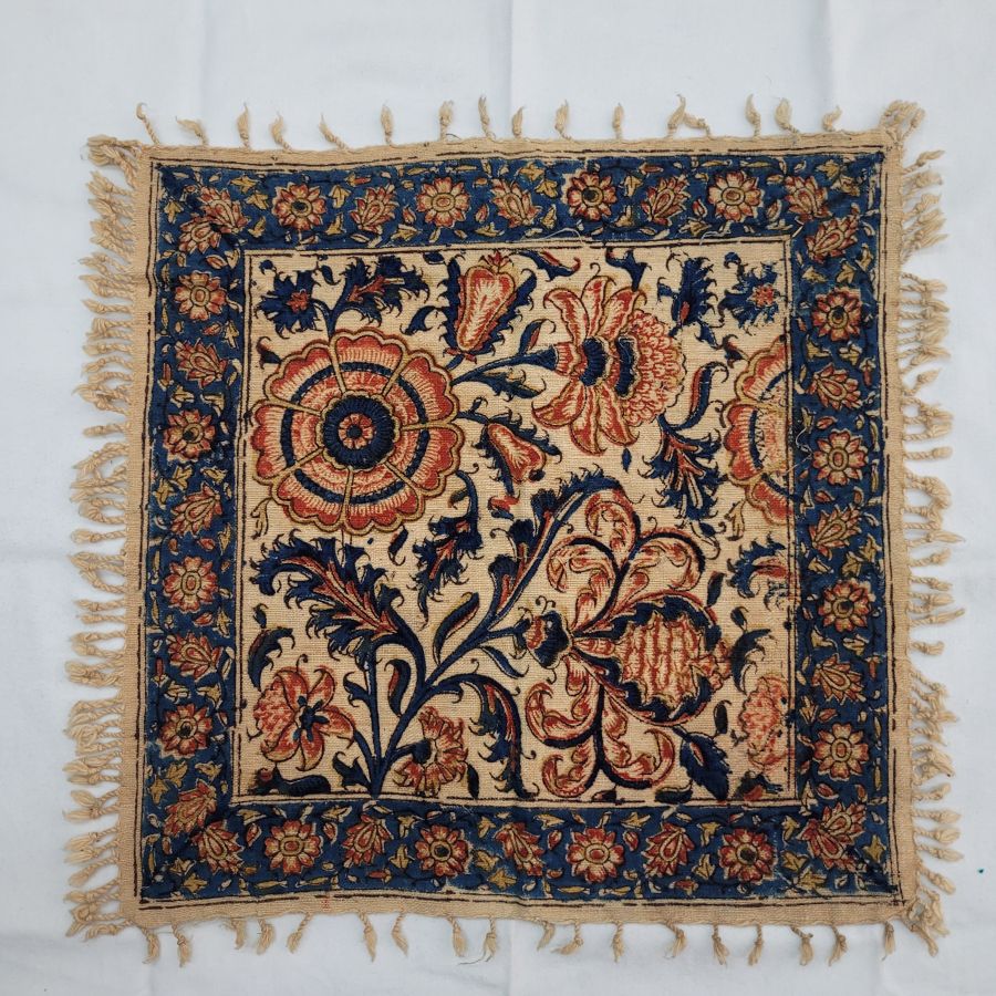 Handmade vintage square Qalamkari flower pattern cotton tablecloth, where are beautiful designs because of the different flowers and geometrics.