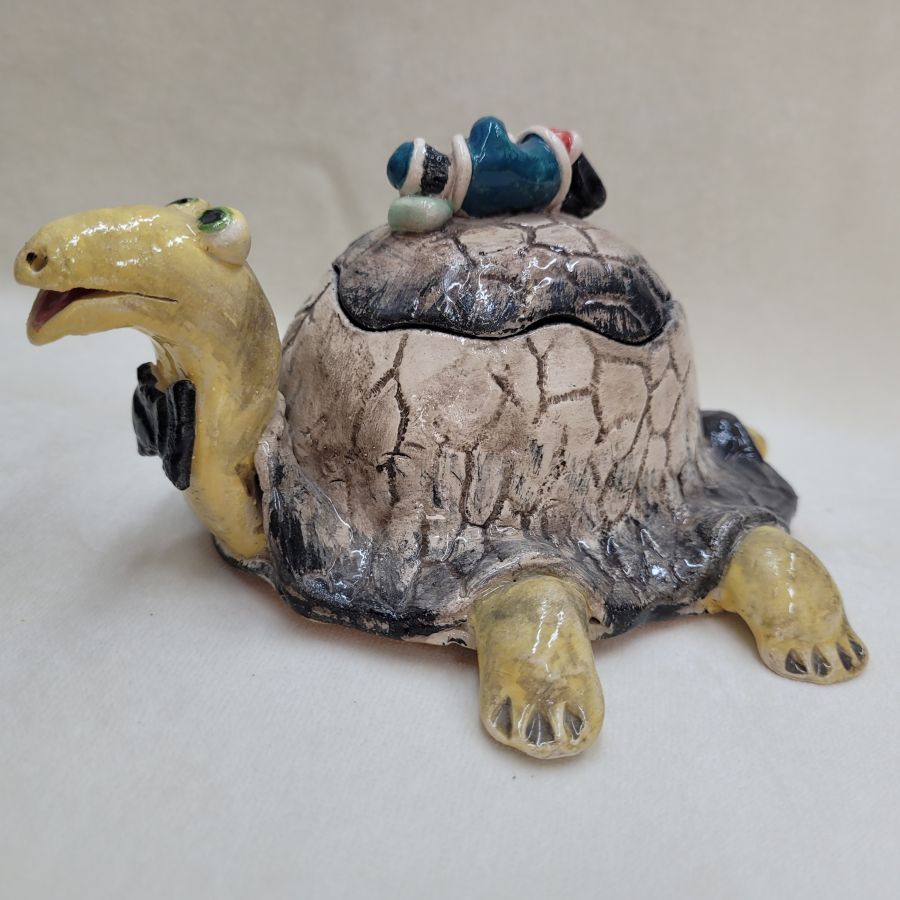 Handmade lazed ceramic turtle candy box sculpture made by T. Labot to store candies and sweets. There are more various characters in stock of her creations.