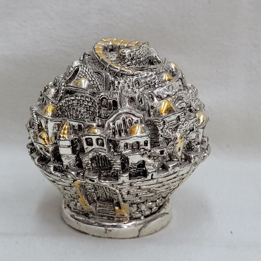 Handmade Sterling silver round Jerusalem sculpture miniature typical Jerusalem famous buildings and houses. Dimension diameter 7 cm X 8 cm approximately.