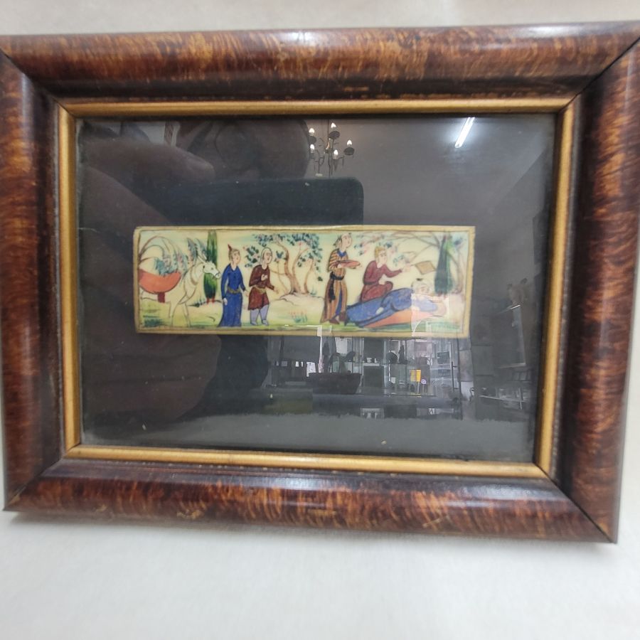 Handmade vintage framed hand painting describing tribal daily life, made in the 150's. Dimension 12 cm X 16 cm approximately.
