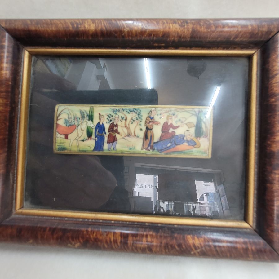 Handmade vintage framed hand painting describing tribal daily life, made in the 150's. Dimension 12 cm X 16 cm approximately.