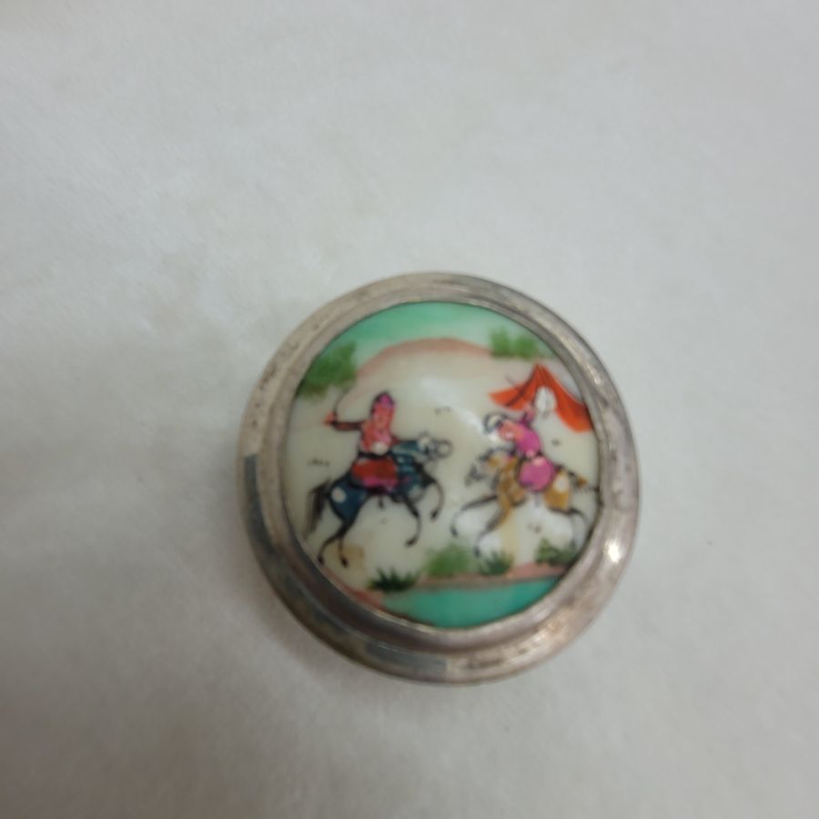 Handmade vintage copper silver plated Box lady’s cosmetic powder set with mother of pearl hand painting horsemen duel scene made in the 1960’s.