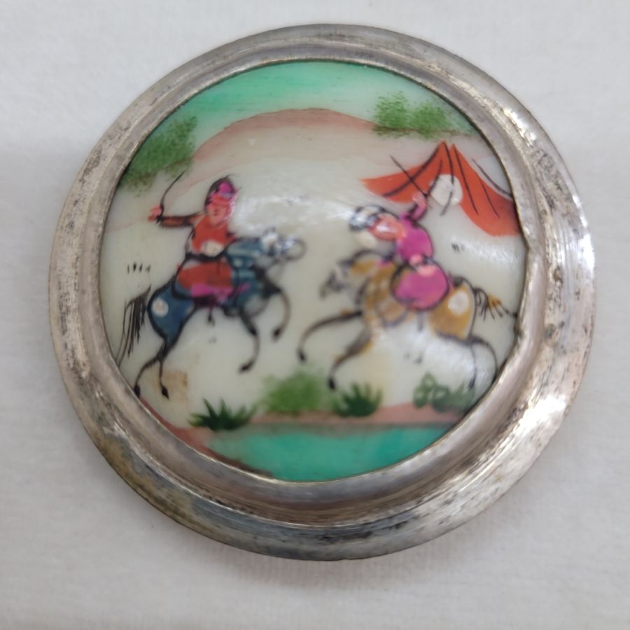 Handmade vintage copper silver plated Box lady’s cosmetic powder set with mother of pearl hand painting horsemen duel scene made in the 1960’s.