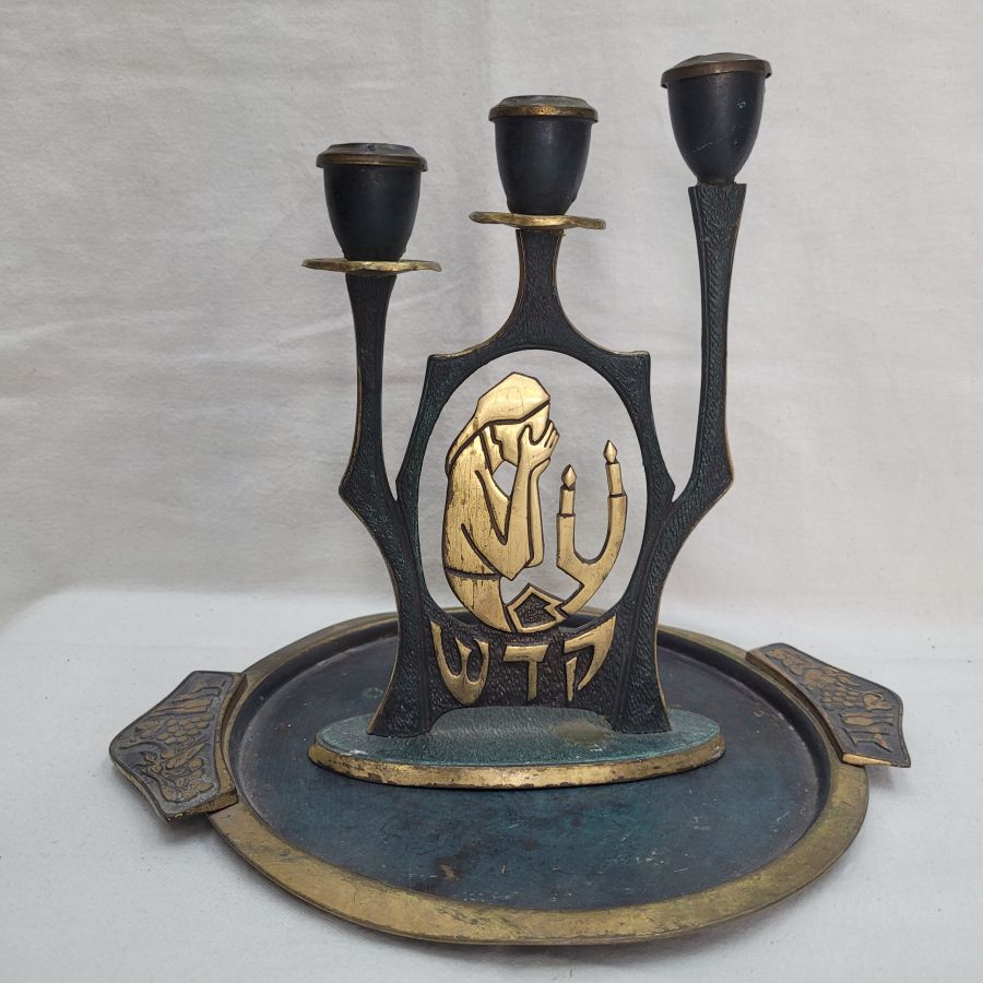Handmade vintage Sabbath candlesticks blue patina with round dish in good shape, made in the 1960's, candlesticks 24 cm X 15 cm, dish diameter 22 cm.