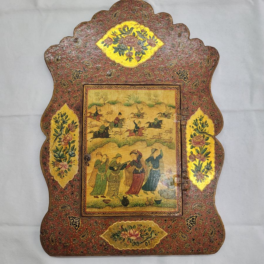 Handmade vintage papier Mache mirror hand painting on wood and papier Mache painting describing deer hunting and rural life with floral designs.