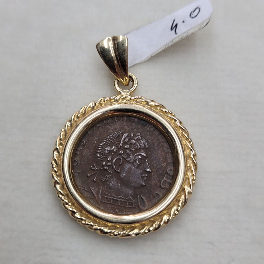 14 Carat gold braded framed pendant set Roman coin genuine bronze Roman coin 4th century AD and ornate gold braded frame.