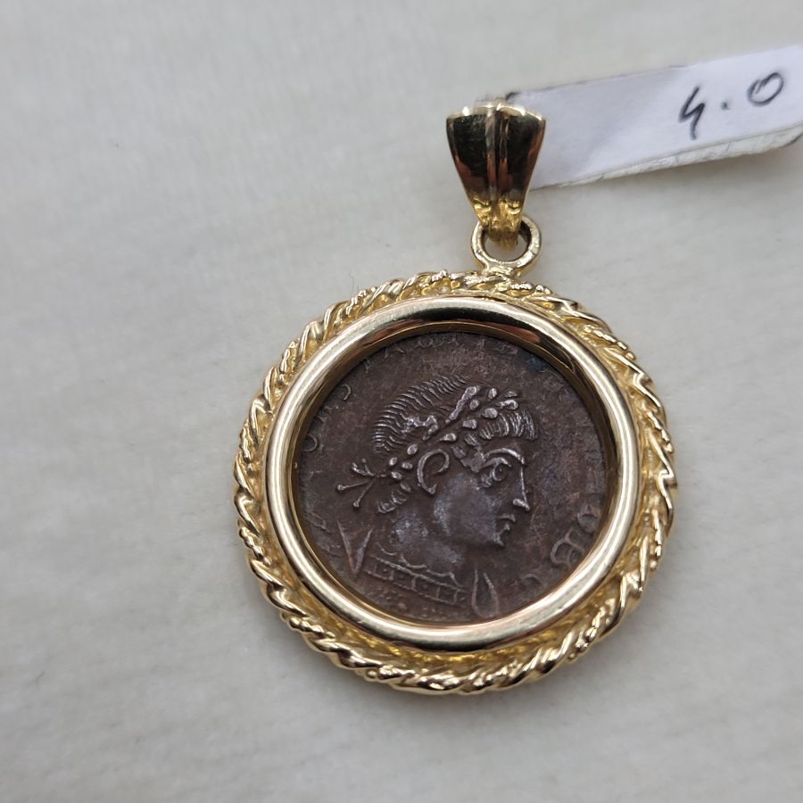 14 Carat gold braded framed pendant set Roman coin genuine bronze Roman coin 4th century AD and ornate gold braded frame.